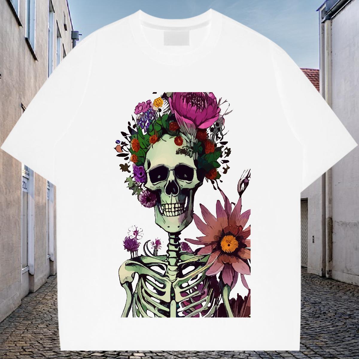 Loose T shirt 230g Cotton skull Anime Printing Street Customized Print Crew Neck Breathable Men Clothes T-Shirt 2024 New Tops