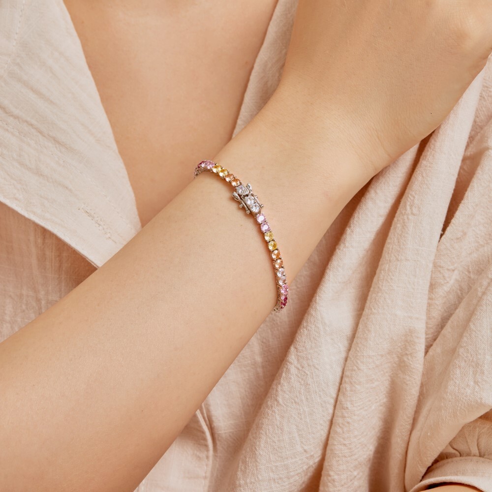 New S Pure Sier Bracelet with Colored Zirconia Inlaid Diamond Design, Fashionable and Versatile Rainbow Women's Handicraft