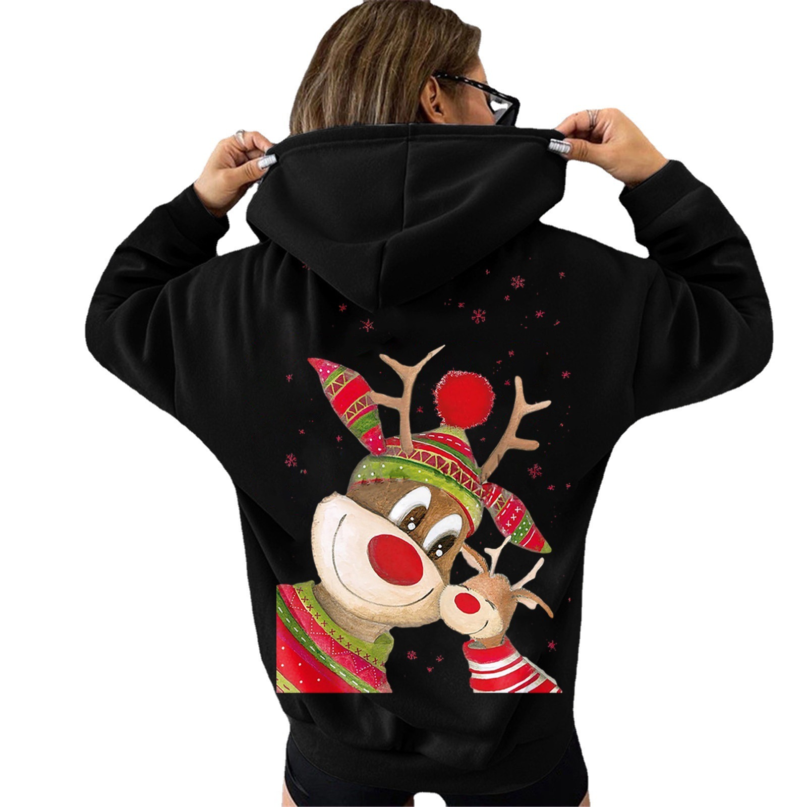 Women's hooded Christmas two deer print fleece sweatshirt, women's cotton jacket dongdumaoyi