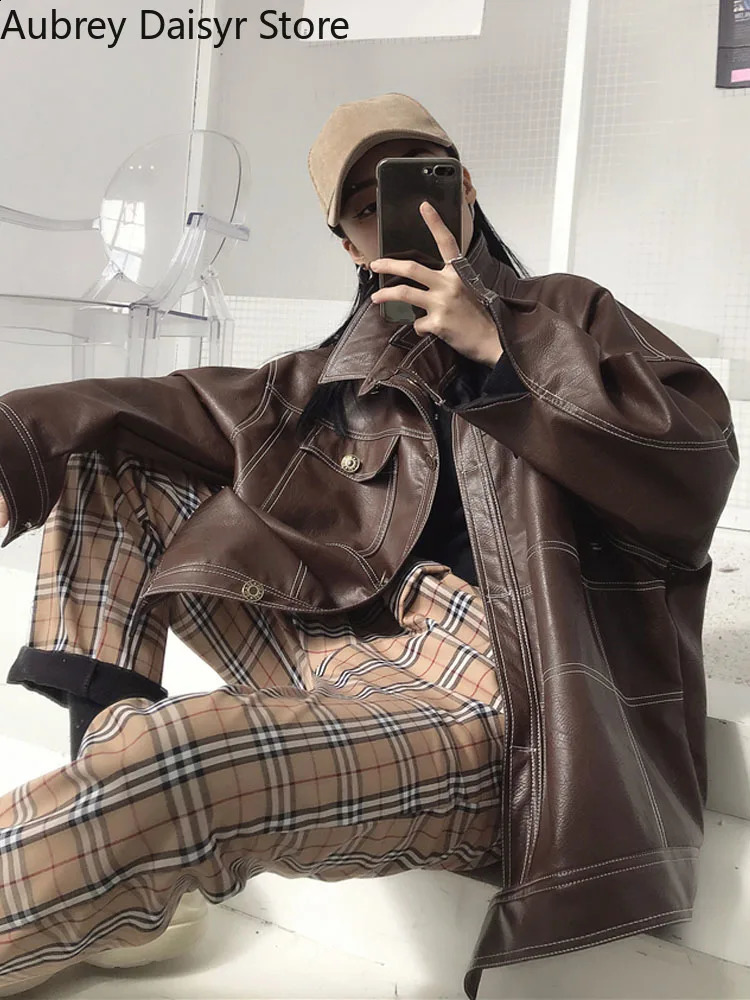 Korean Black Leather Jacket Women Streetwear Harajuku Loose Moto Jacket Women Vintage High Street Punk Outerwear Biker Coat 240824