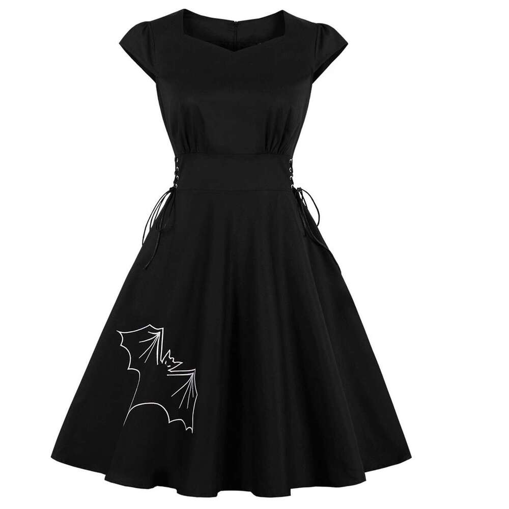 Hallowmas Party Spider Print Trim Swagger Skirt Round Collar Retro Women Halloween T Shirt Dress Scary Cloth