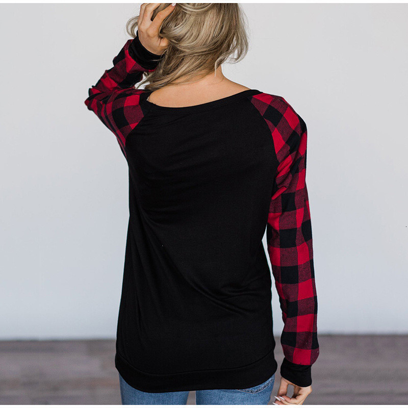 new autumn women's plaid shoulder long sleeved Christmas tree printed letter T-shirt top dongdumaoyi