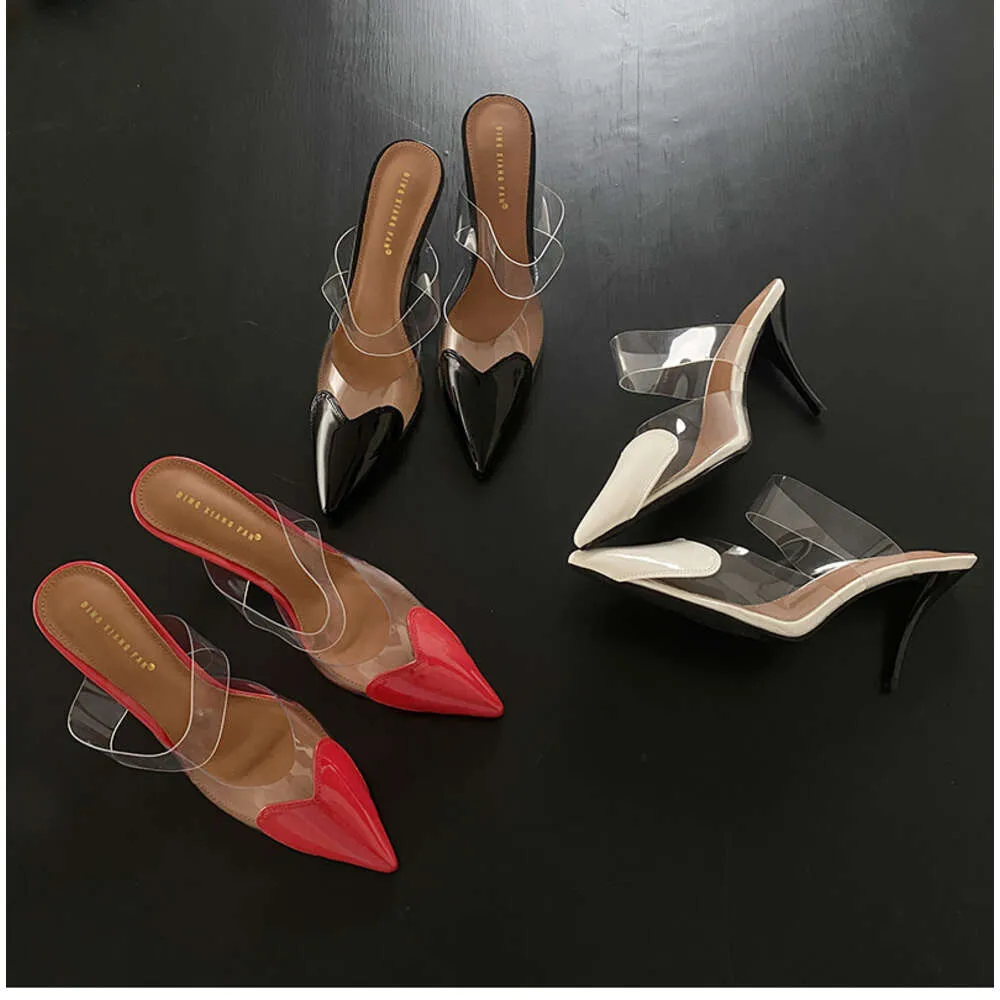 CHMURY Pointed Toe Heart High Heels Mules Sandals Slipper For Women 2024 Black White Red Shoes