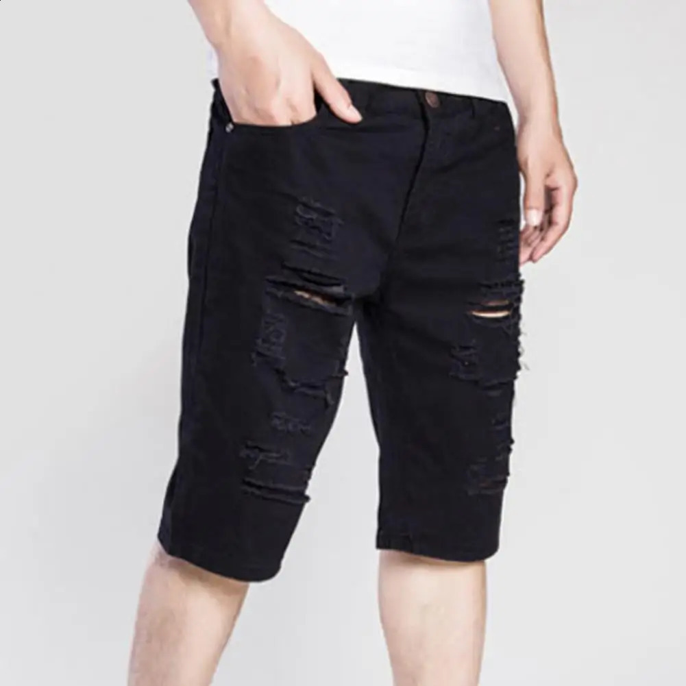 2024 White Denim Shorts Men Ripped Knee Length Fashion Jeans Casual Hole Slim Male Short Pants Streetwear i240824