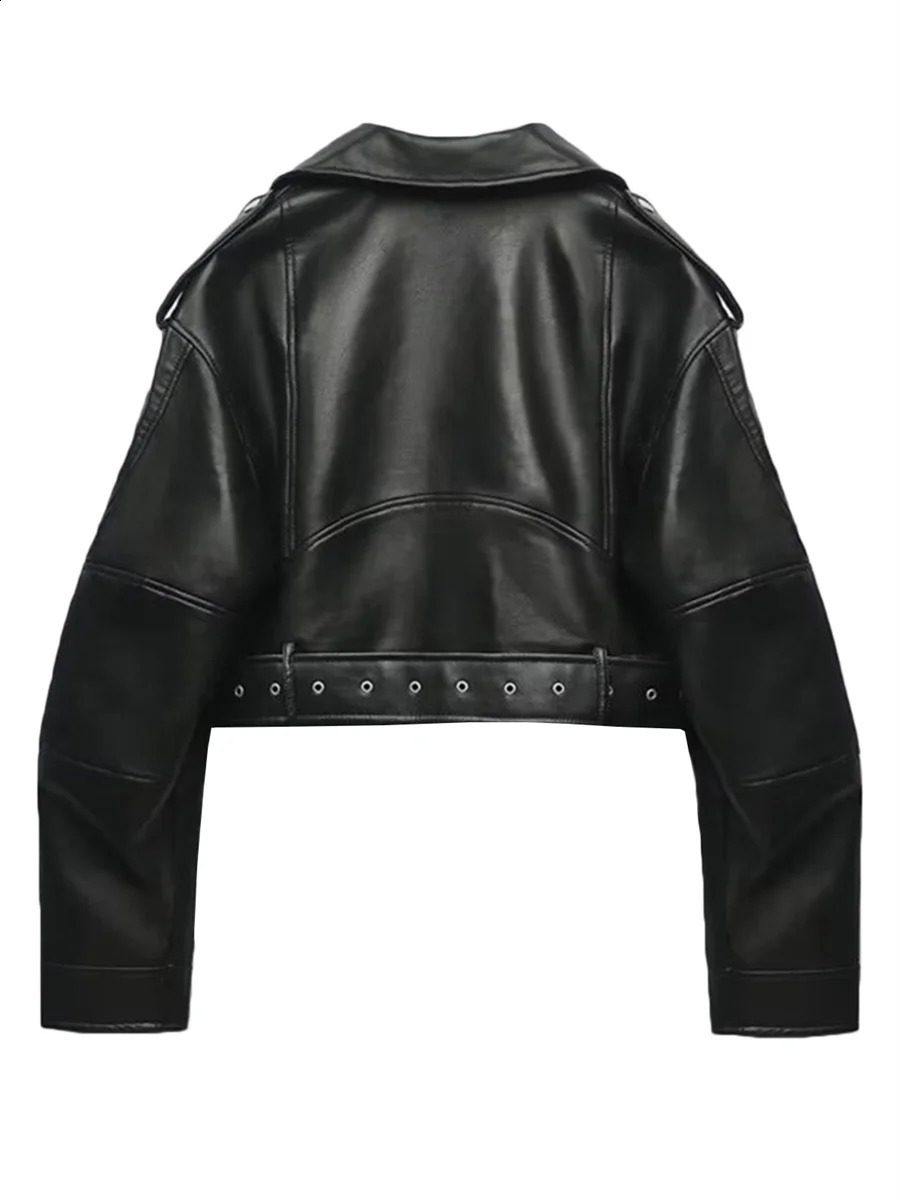 Womens black artificial PU leather jacket casual womens lapel zipper with short leather jacket retro street motorcycle jacket 240826