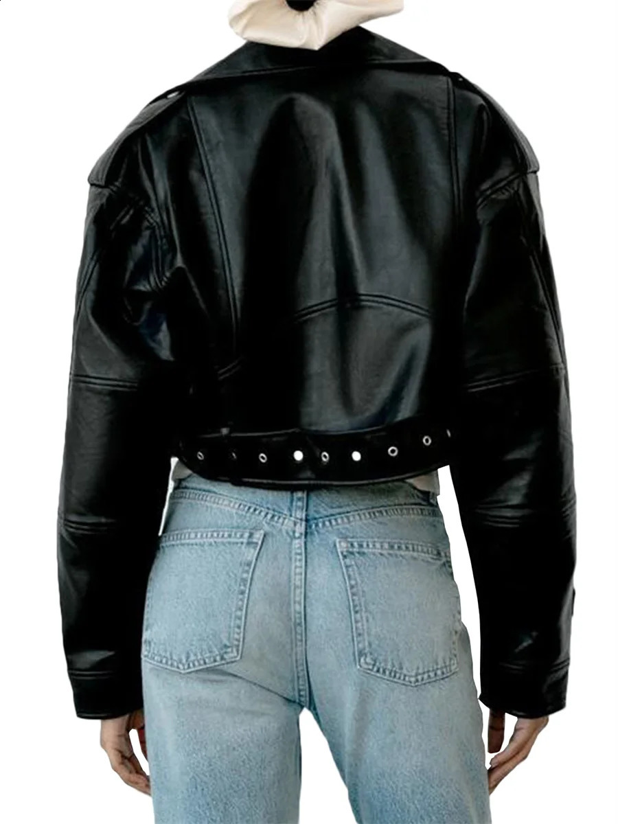 Womens black artificial PU leather jacket casual womens lapel zipper with short leather jacket retro street motorcycle jacket 240826