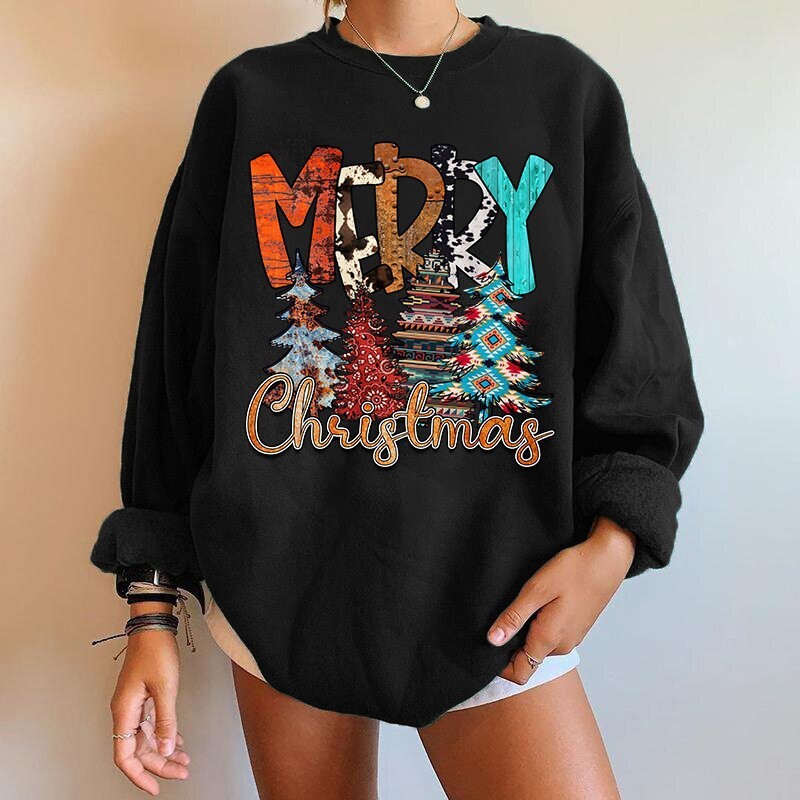 Merry round neck long sleeved shoulder for women with Christmas print plus size sweatshirt dongdumaoyi