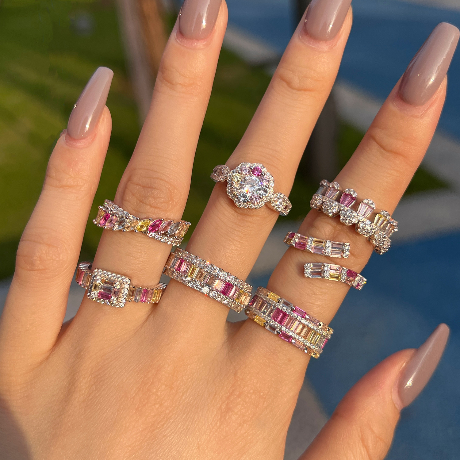 Japanese Korean Light New S Pure Sier Ring Colored Zirconia Inlaid Sweet and Beautiful Color Series Geometric Design Women's Handicraft