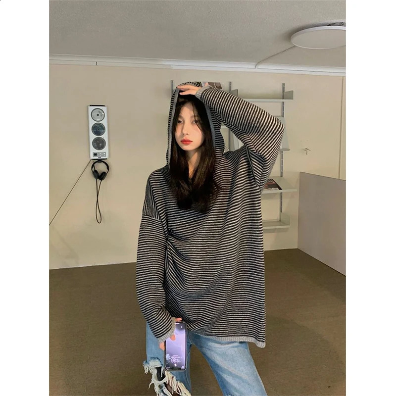 MEXZT Striped Hooded Sweater Womens Streetwear Oversized Knitted Pull Rod Y K Haruku Retro Korean Casual Jumper