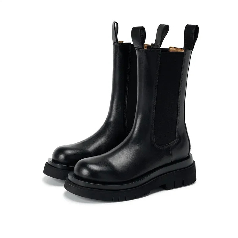 Classic Chelsea Boots Womens Black Ankle Boots Autumn Winter Shoes Leather Platform Short Boots Sliding Elastic Band 240824