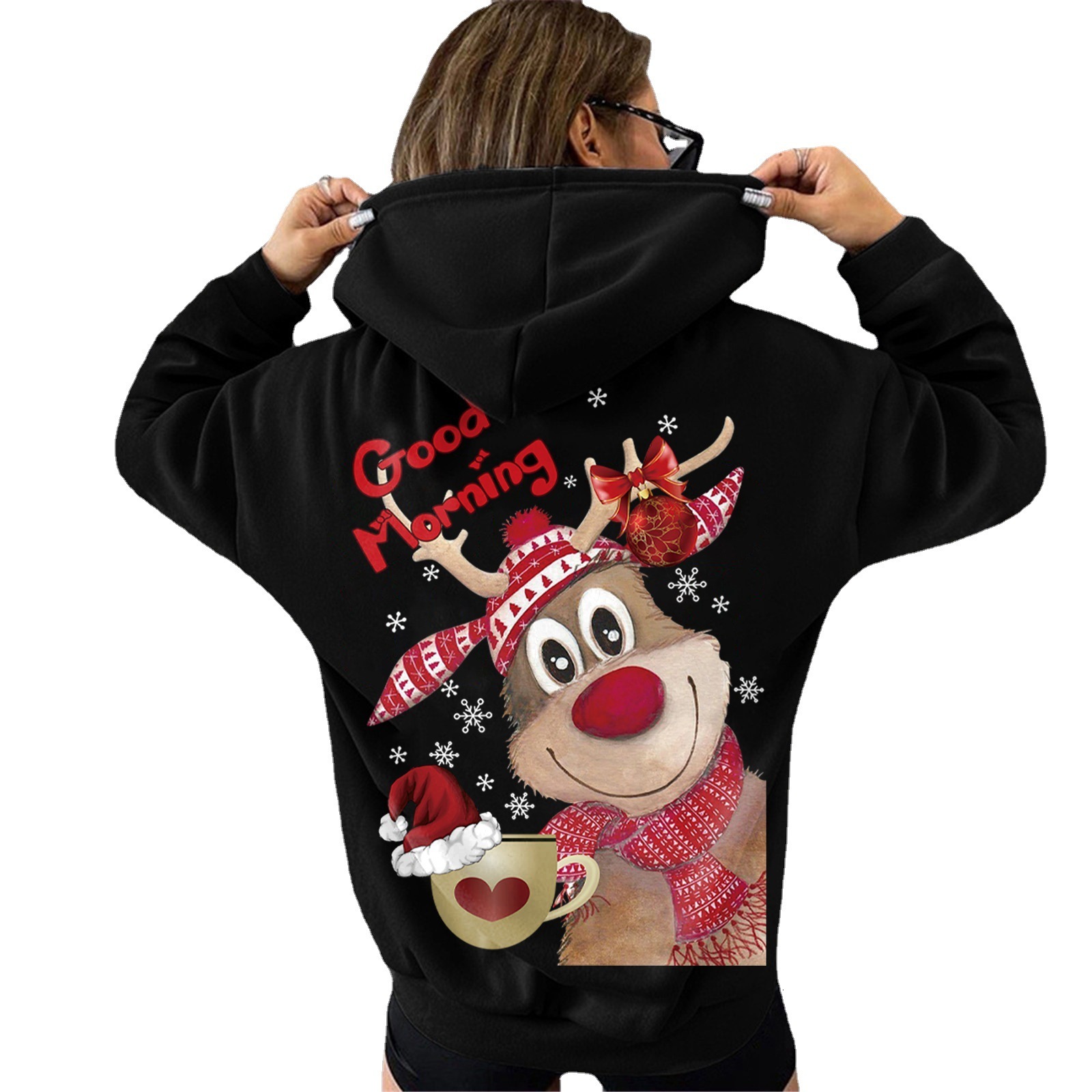 Winter Women's Plush Loose Christmas Elk Printed Hoodie dongdumaoyi