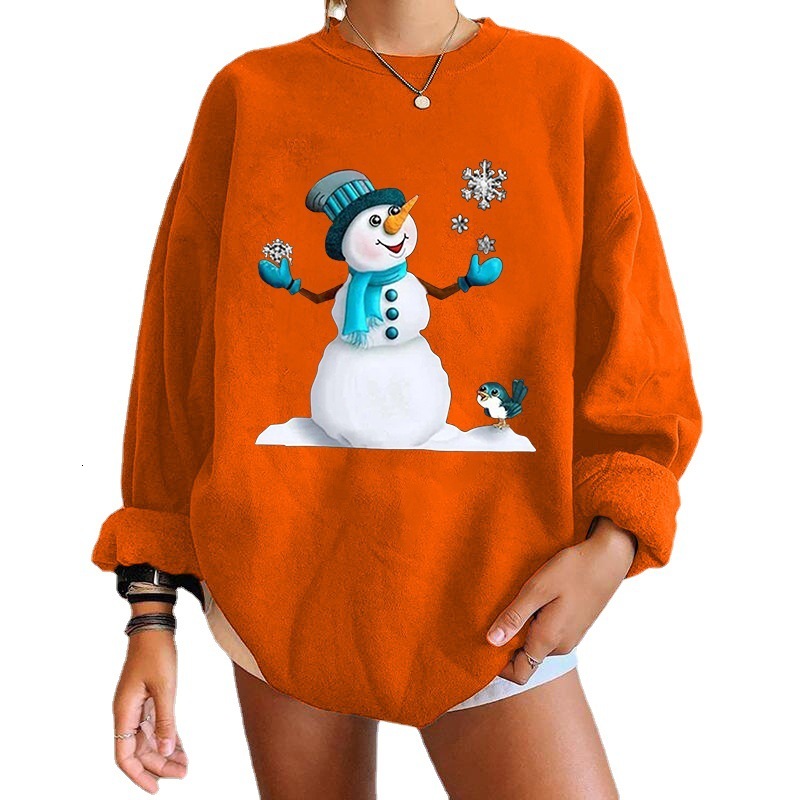 new Christmas snowman print off shoulder round neck fleece hoodie women's top dongdumaoyi