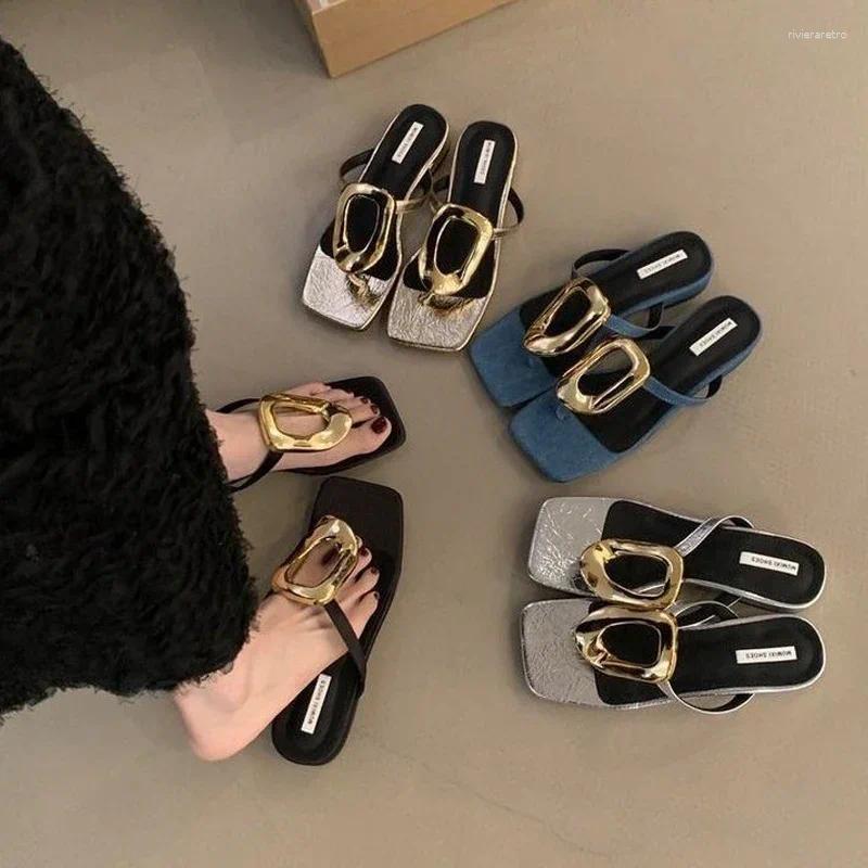 Sandals Golden Buckle Heeled Flip ps Woman Summer Elegant Square Toe Thong New Slipper Ladies Brand Design Evening Party Shoes ashoesfactory