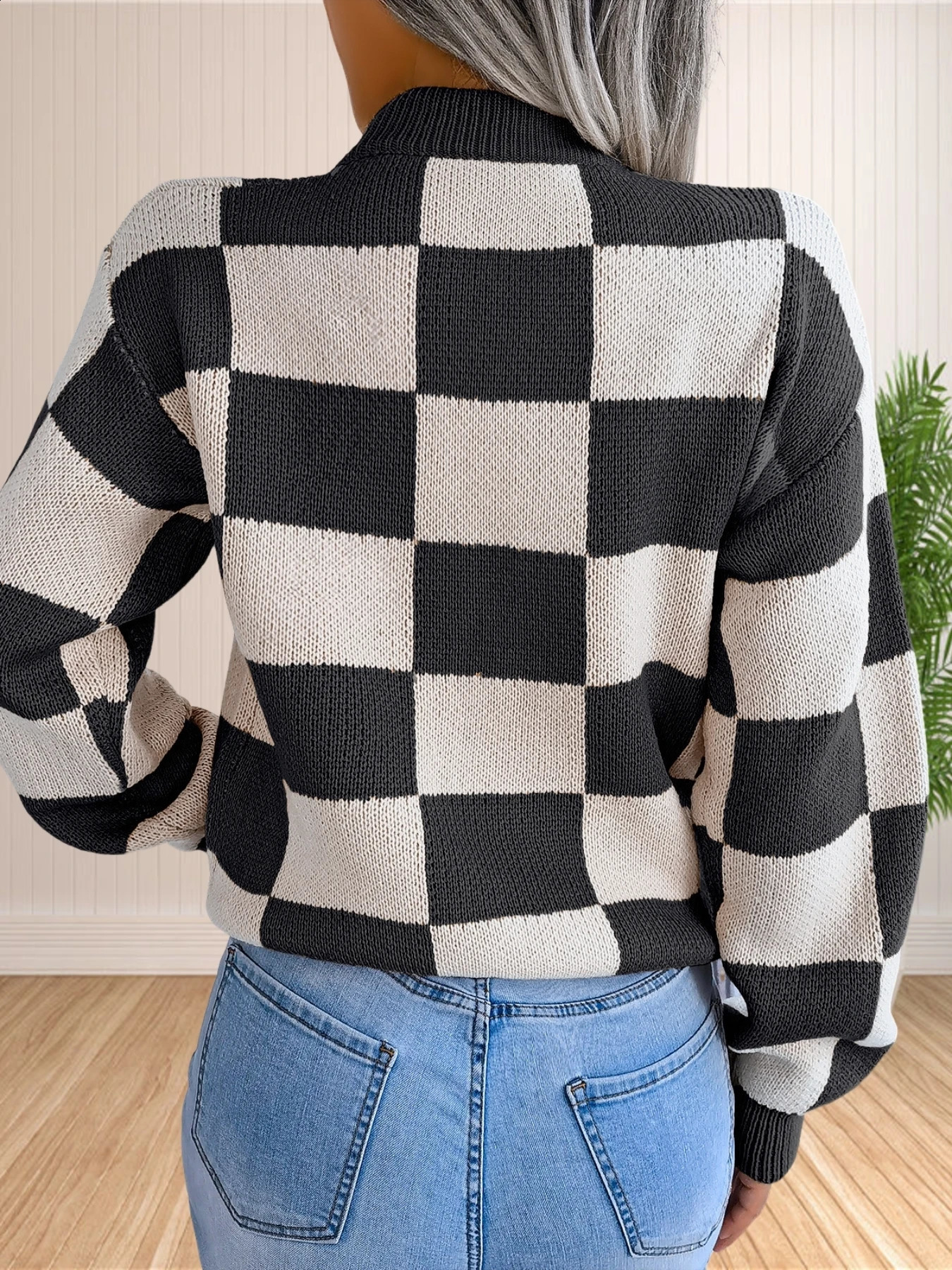 Womens colorful checkered staff collar long sleeved Y2K plain weave knitted pullover sweater top retro prefabricated style knitted top 240826