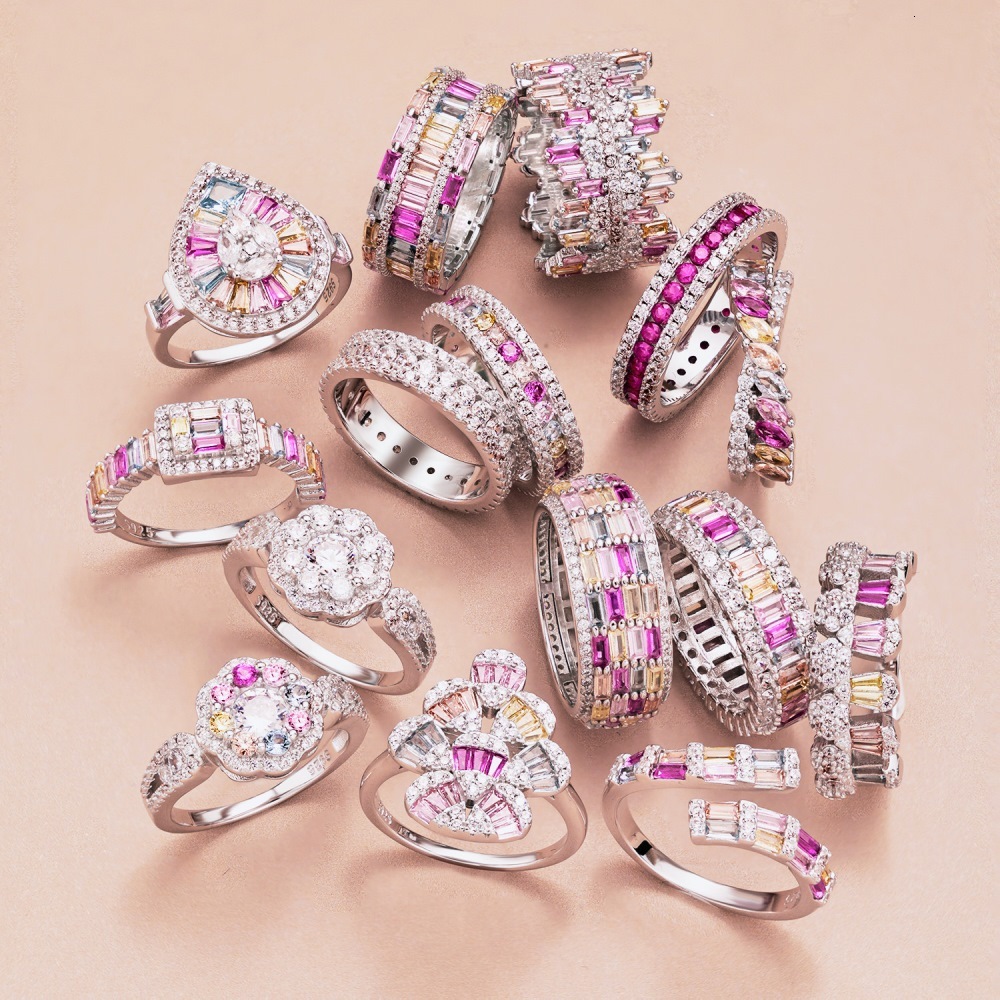 Japanese Korean Light New S Pure Sier Ring Colored Zirconia Inlaid Sweet and Beautiful Color Series Geometric Design Women's Handicraft