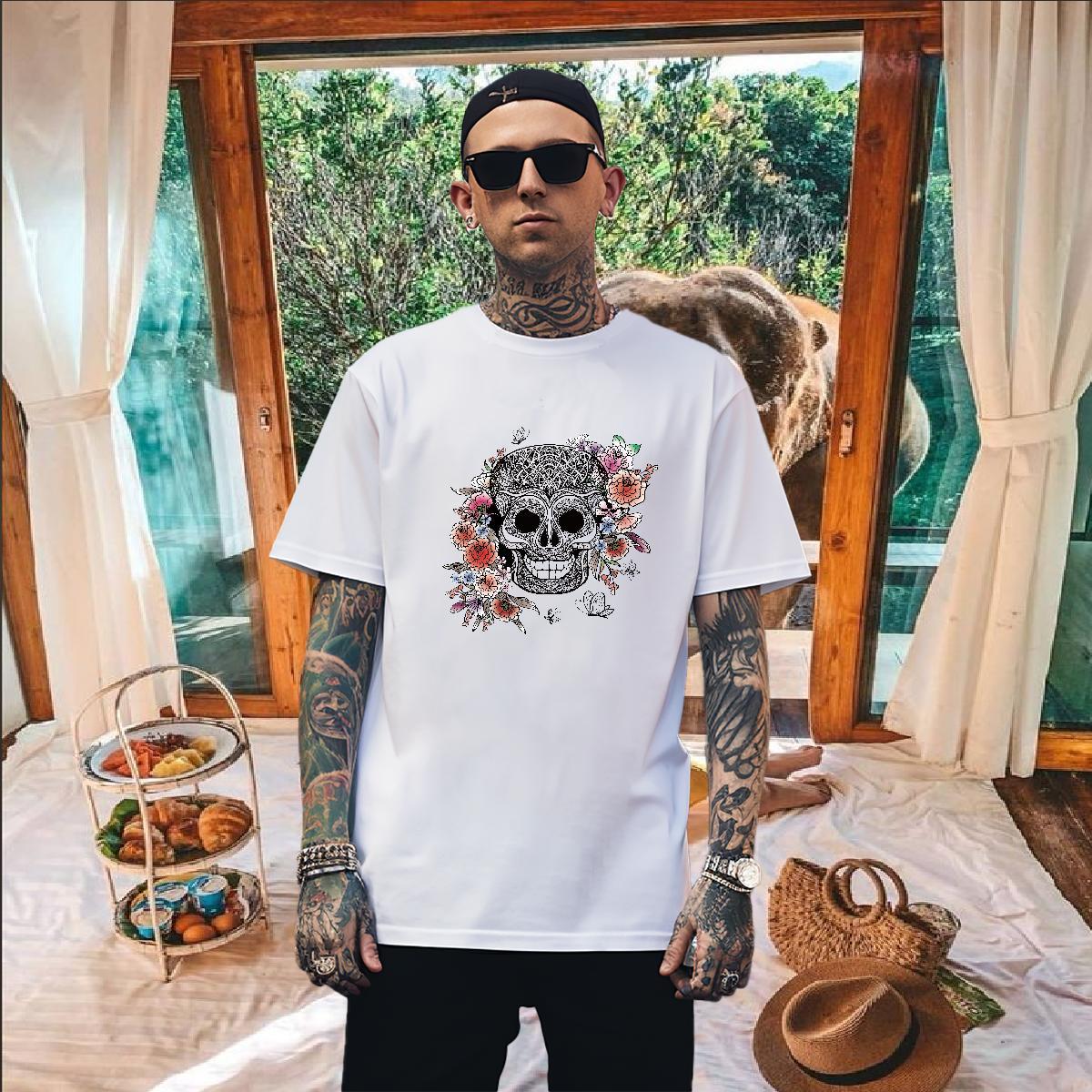 Brand T-Shirts for Men 230g Cotton skull Daily Outfit Graphic O Neck Short Sleeves Men Tops Tees Stylist Polos