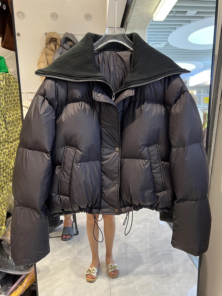 Winter Women Knitted Collar Down Jacket Short Loose Thin Fashion Thick White Duck Down Coat Fashionable Outerwear 240824