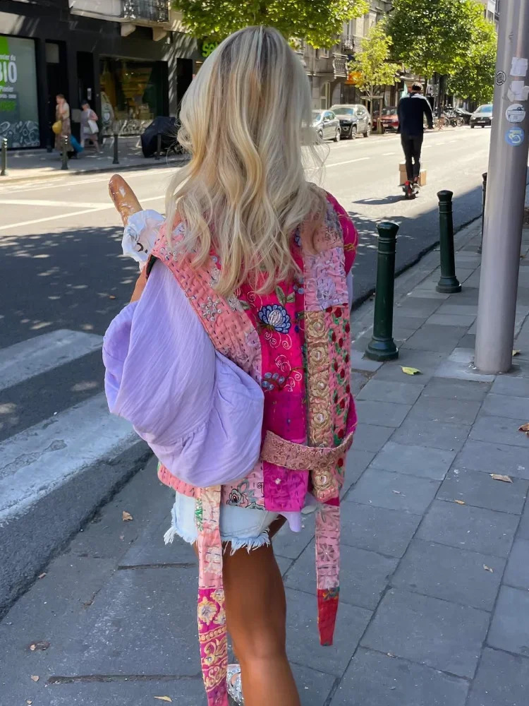 Fashion Flower Print Womens Sleeveless Vest With Belt Sweet Vneck Cropped Quilted Waistcoat 2024 Autumn Ladies Chic Vests 240826
