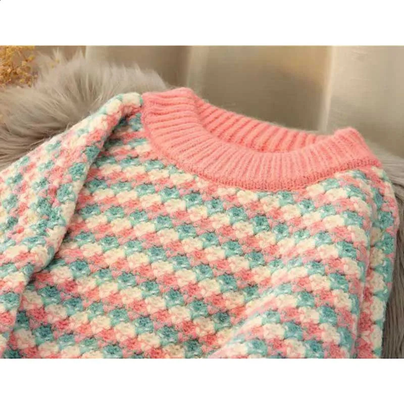 Sweet O-Neck loose striped sweater womens clothing winter ultra-fine knitted fully matched fleece casual top 240826