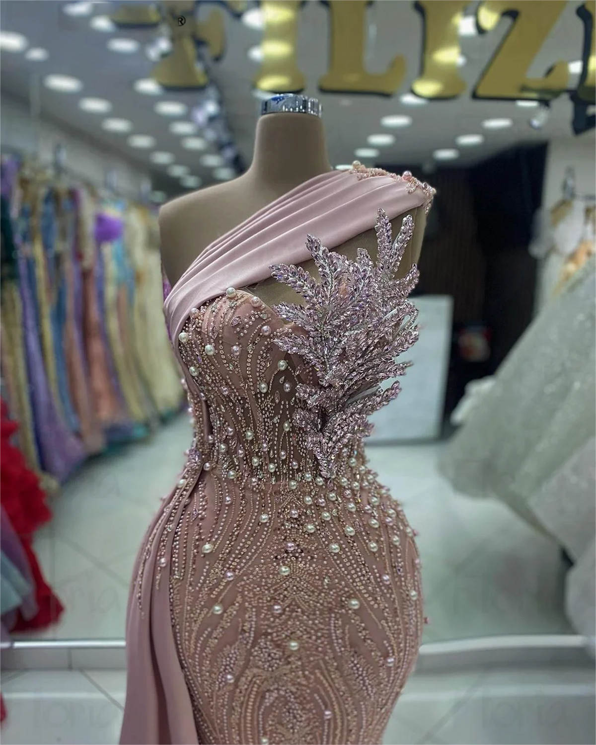 Mermaid Prom Dresses Pearls Sequins Lace Beads Sleeveless Detachable Train Backless Custom Made Plus Size Shining Party Evening Dress Vestido De Noite