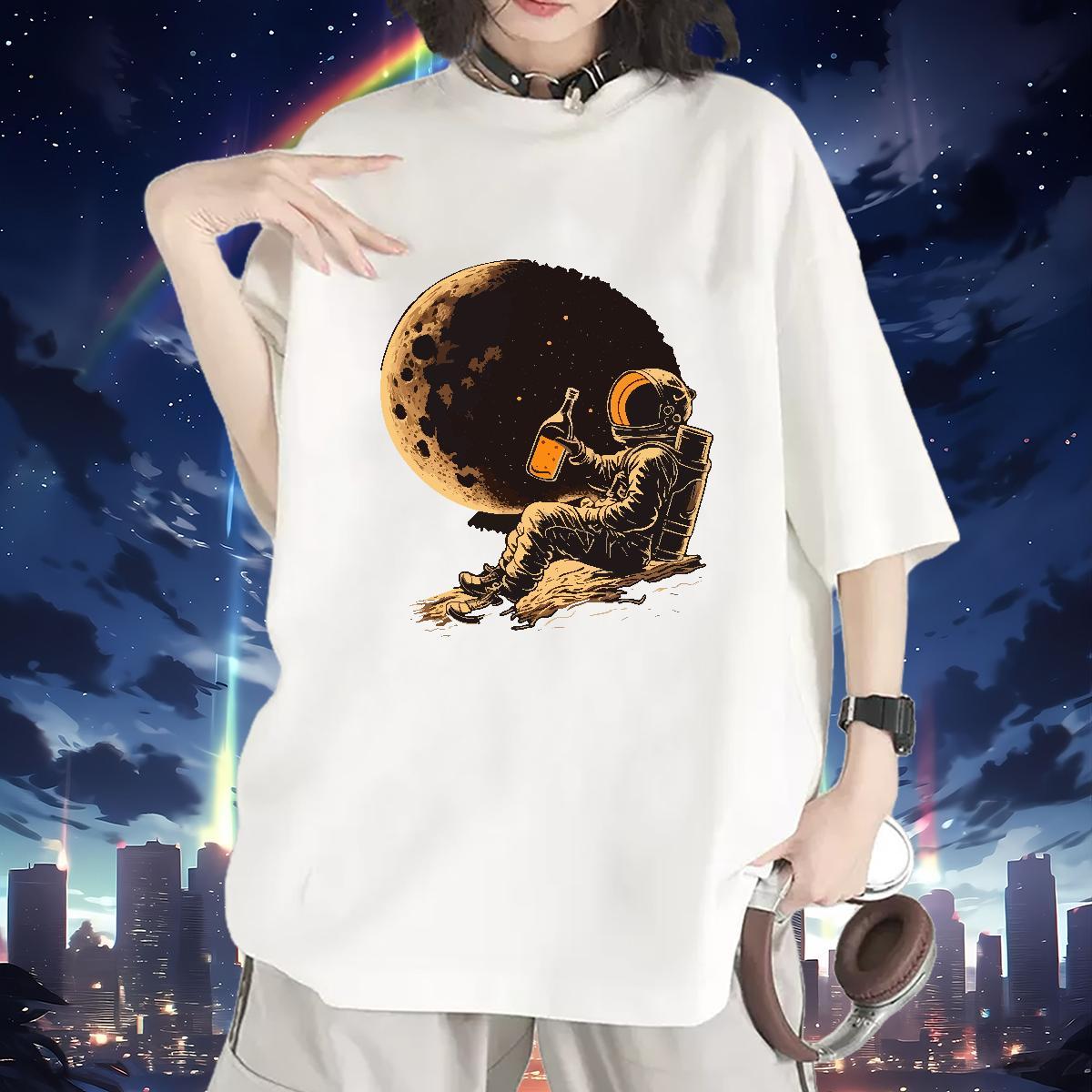 Female Woman Tshirt 230g 100% Cotton cosmonaut Summer Casual T-Shirts for Women Breathable Short Sleeve Cartoon Print Clothes