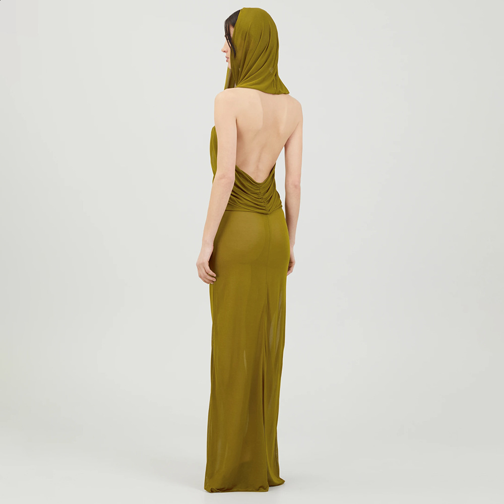 2024 temperament womens hooded hanging neck ginger yellow backless sexy spicy girl mesh long skirt summer dress new style 230617
