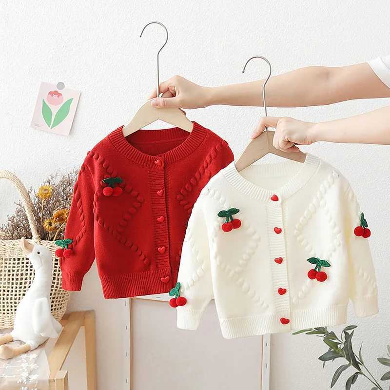 Autumn Little Girl Knit Cardigans 3D Cherry Love Button Kid Girl Open Stitch Coat Loose Solid Long Sleeve Baby Girl Sweater CoatsW240824