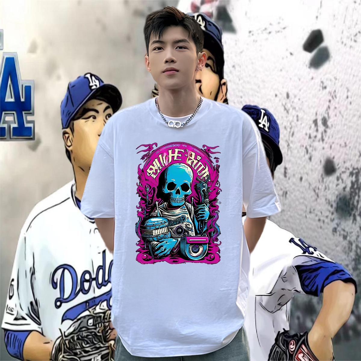 Wholesale T Shirts Men 230g Cotton skull Casual Beach Customized Print Pure Cotton Tshirt for Man Woman Casual New Top Tees