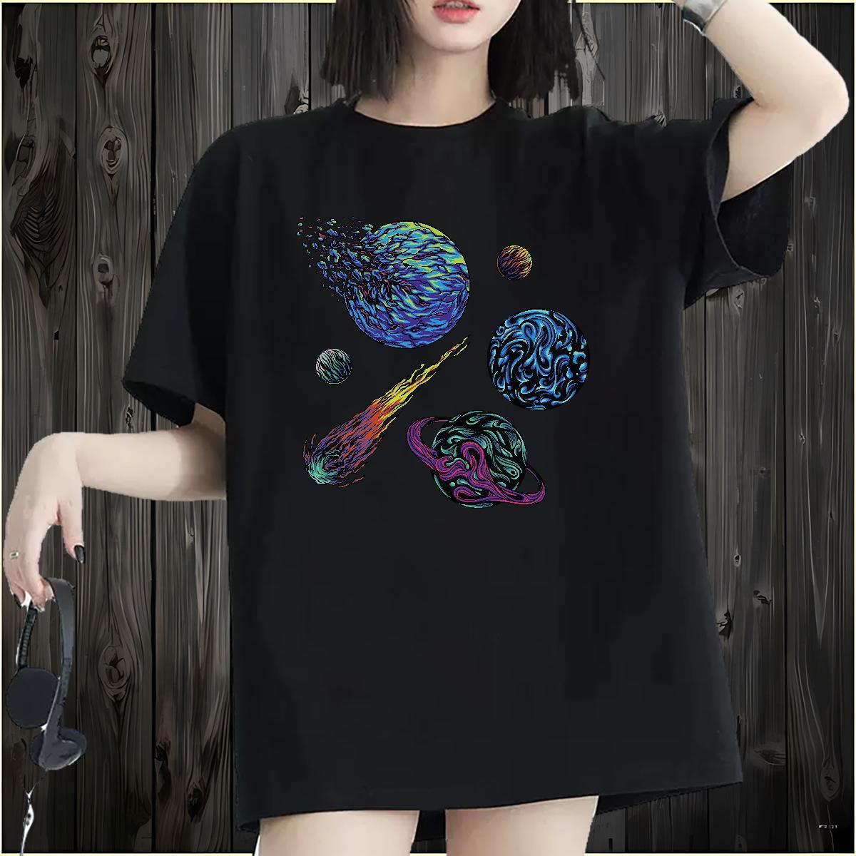 Loose Women Tees 230g Cotton planet Summer Casual T Shirt For Woman O-Neck Short Sleeve Oversized Tees Shirts