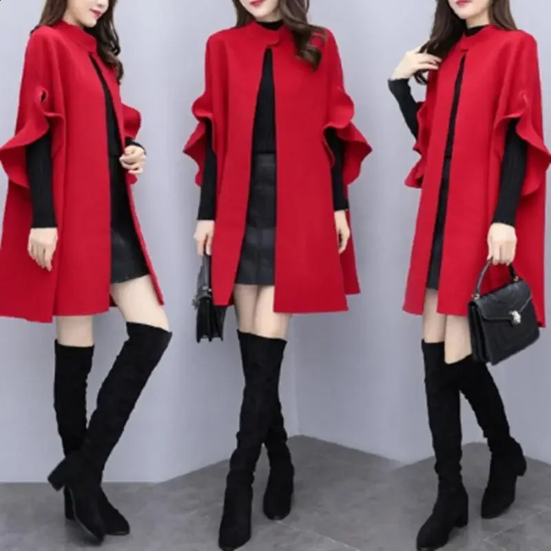 Womens autumn and winter mid length wool jacket fashionable elegant Aline narrow long sleeved coat 240826