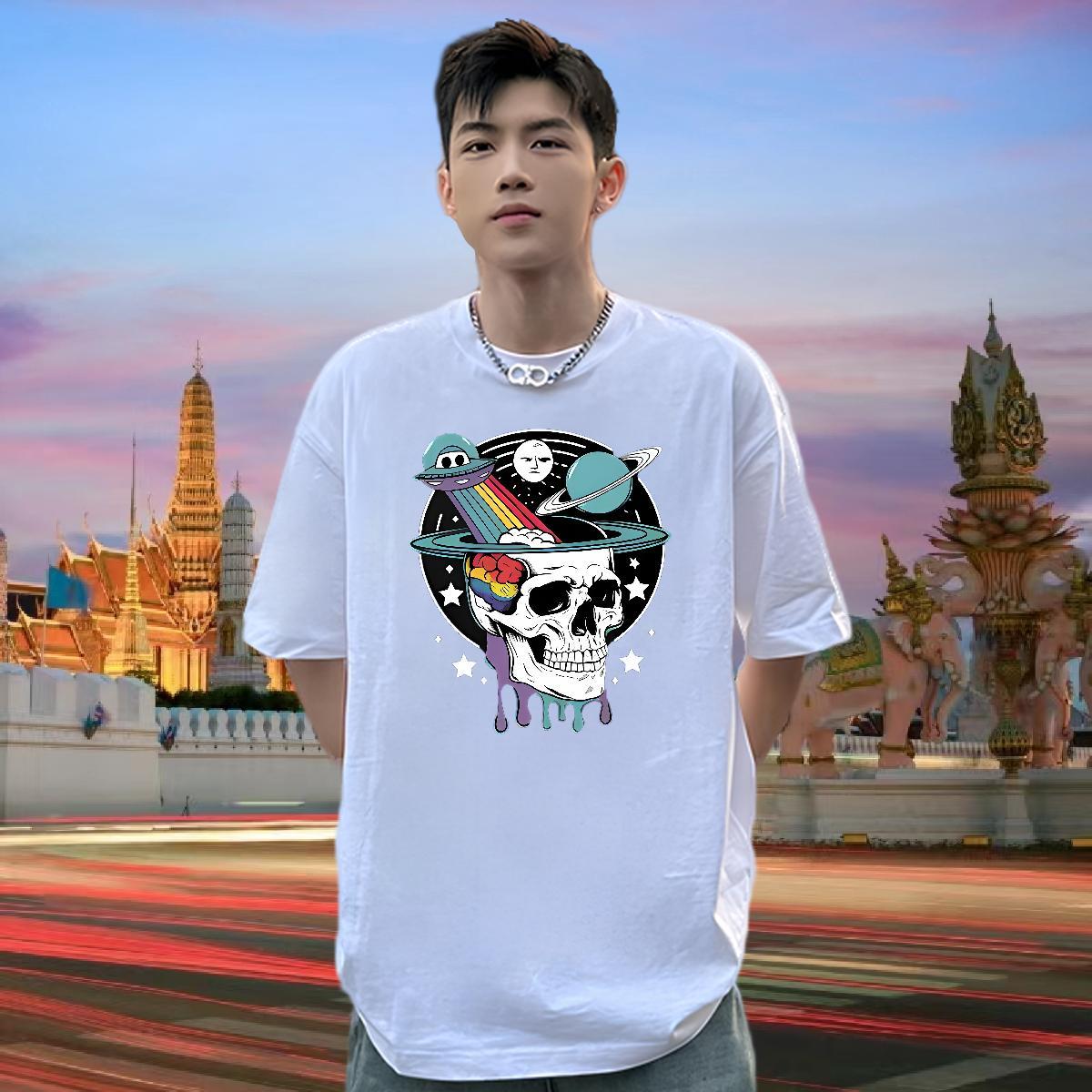 Loose Fit T Shirt For Man 230g Cotton skull Hip Hop Street Custom Print Oversized Breathable Short Sleeve Men Tshirts Fashion Design Top Tees