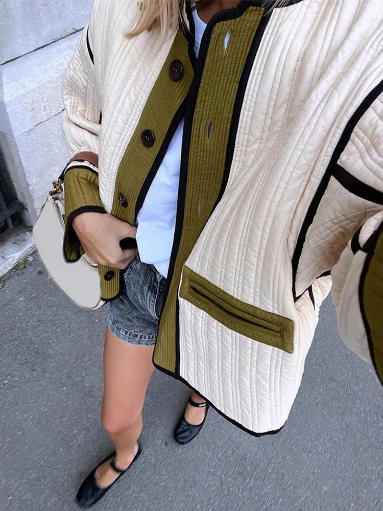 Women Fashion Single Breasted Contrast Jacket Stand Collar Pocket Long Sleeve Coats 2024 Chic Autumn Casual Lady Outerwear 240826