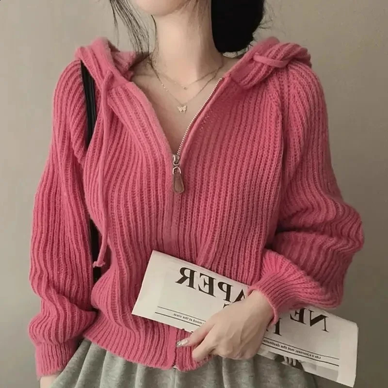 Womens long sleeved sweater Korean casual jacket fashionable zipper cardigan Knitted top hooded 240826