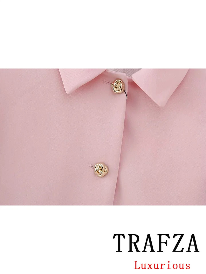 TRAFZA Vintage Chic Office Lady Pink Solid Women Suit Pockets Blazer Belt Straight Loose Pants Fashion Office Lady Set 240826