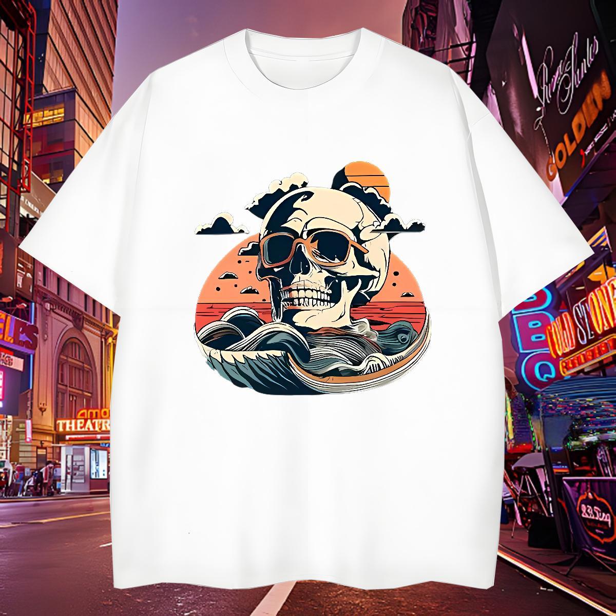 Unisex T-Shirts for Men 230g Pure Cotton glasses Beach White Plus Size Breathable Men Clothes T-Shirt Fashion New Tops Tees