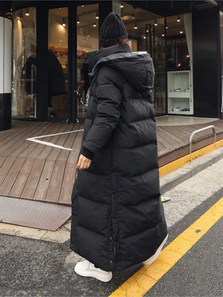 Down parka Super long jacket female knee winter woman with thick black coat in 240824
