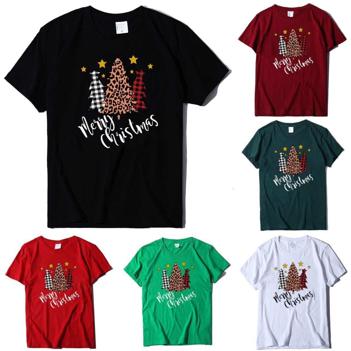Autumn round neck cotton short sleeved three pine tree printed women's loose T-shirt fashionable casual style dongdumaoyi