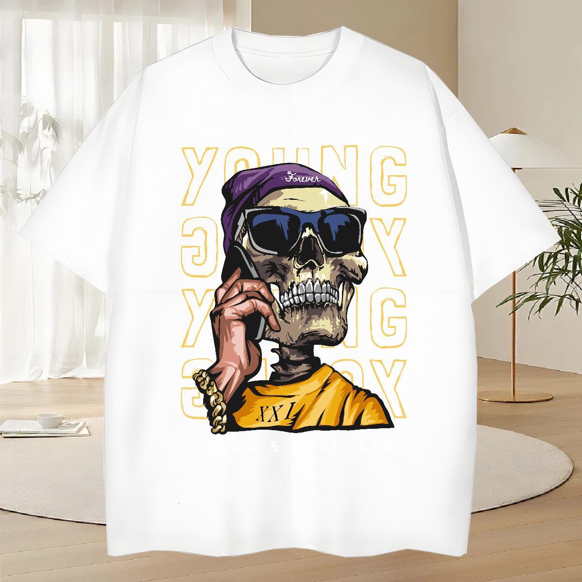 Cool T-Shirts for Men 230g Pure Cotton skull Hip Hop Street Cartoon Print Breathable Short Sleeve Couples T Shirts Stylist Tshirts