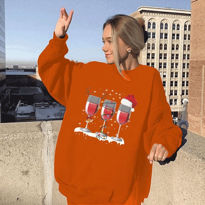 new women's three glass printed shoulder down round neck fleece pullover hoodie dongdumaoyi