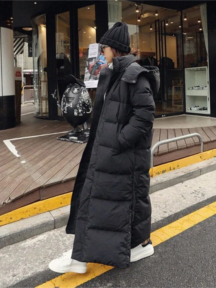 Down parka Super long jacket female knee winter woman with thick black coat in 240824