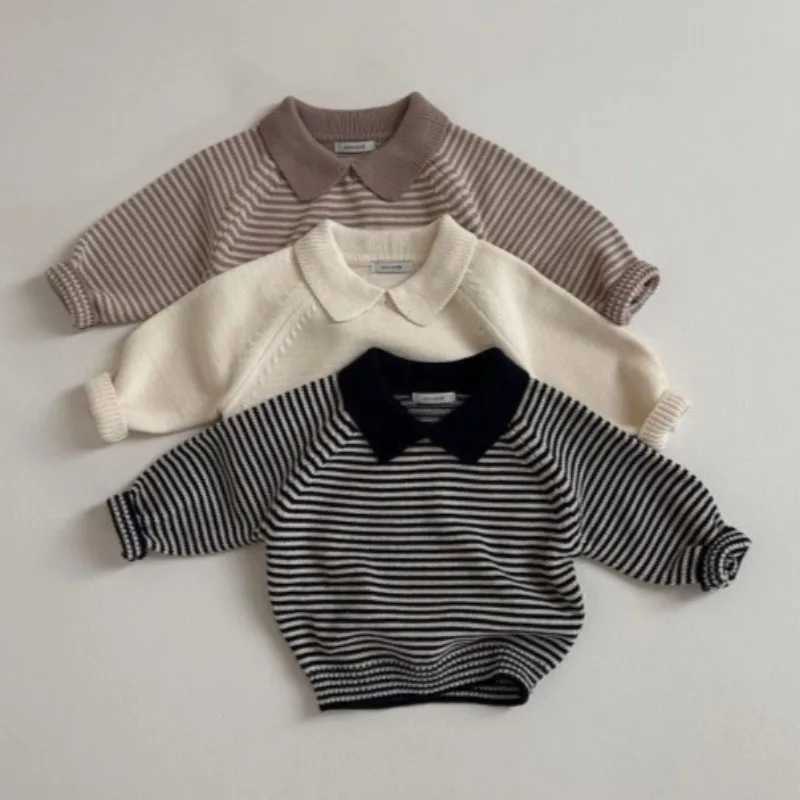 Childrens striped sweater autumn lapel pullover sweater boys and girls cotton loose top baby soft knit dressW240824