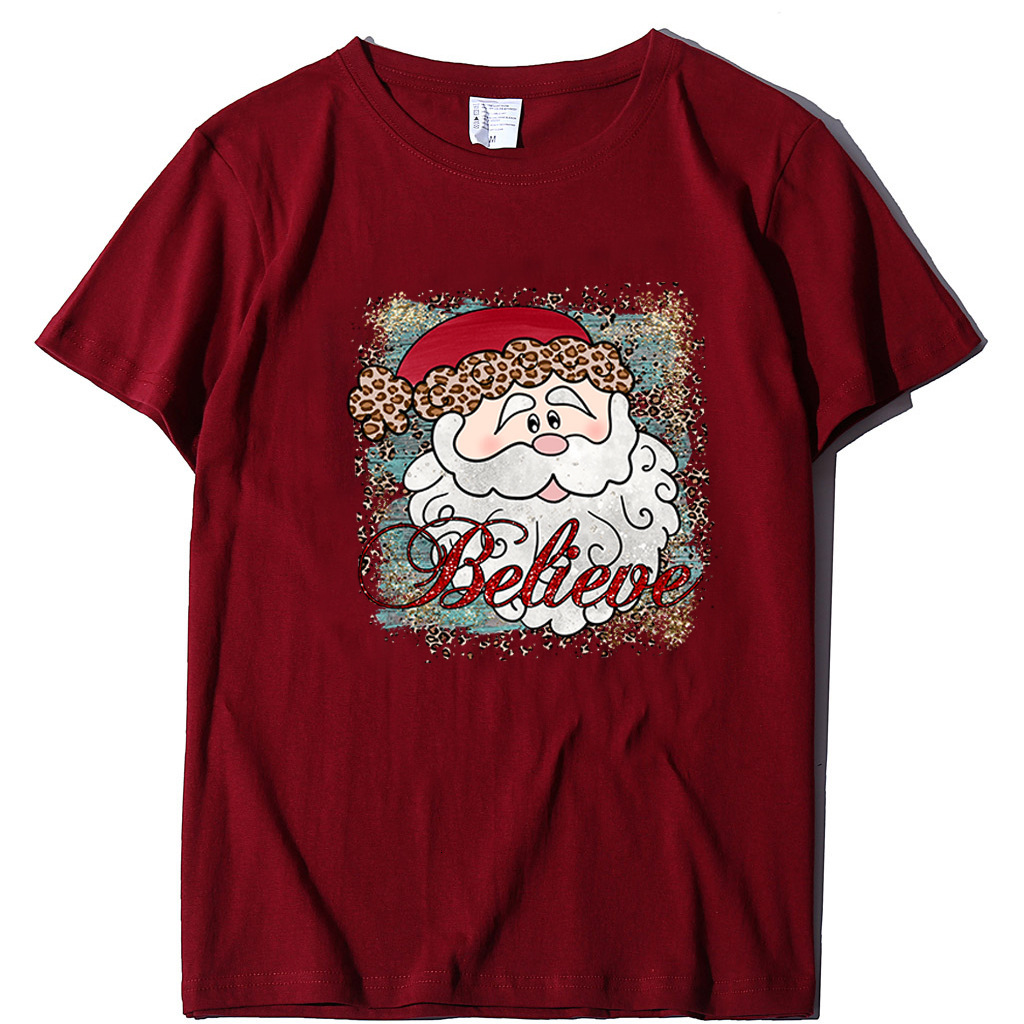 New Believe Pattern Printed Casual Short Sleeve Christmas Women's T-shirt Round Neck dongdumaoyi