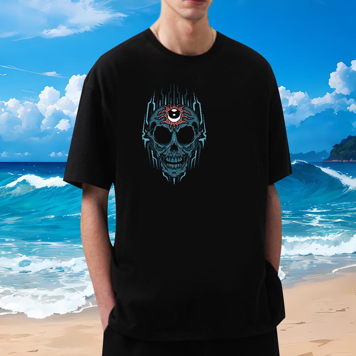 Loose Fit Mens T Shirts 230g Cotton skull Casual Beach Black Oversized Short Sleeve O-Neck Men Tshirts 2024 Top Tees