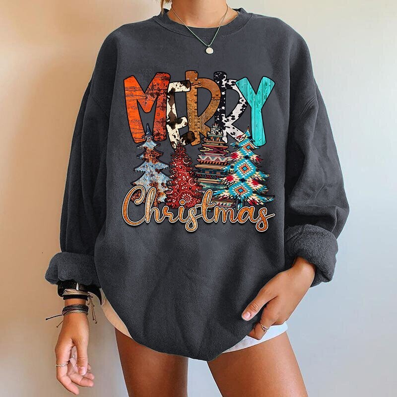 Merry round neck long sleeved shoulder for women with Christmas print plus size sweatshirt dongdumaoyi