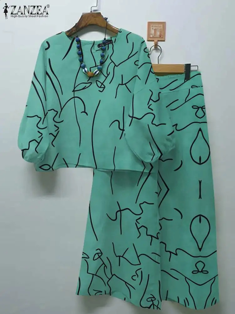 ZANZEA Bohemain Printed Tracksuits Summer Matching Sets 3/4 Sleeved Blouse Spring Wide Leg Pant Sets Women Trousers Suits 240826