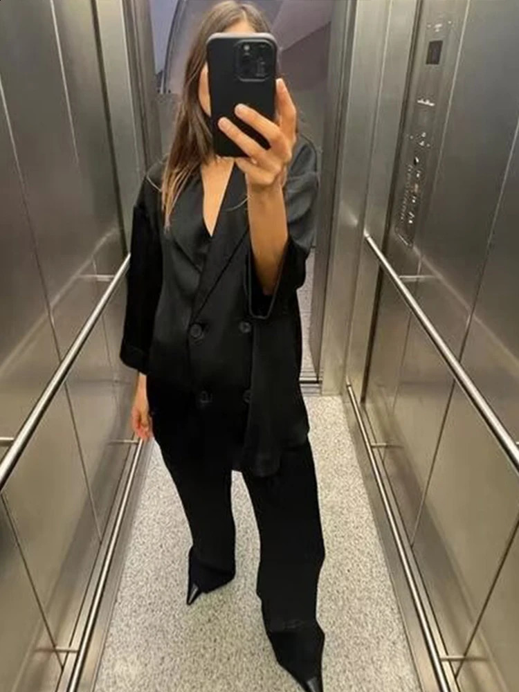 Casual Blazer Coat Pants Set Women Loose Lapel Long Sleeve Double Breasted Top Wide Leg Trousers Elegant Lady Office Outfit 240826