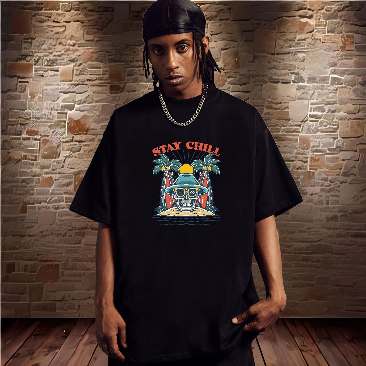 Loose T-Shirts for Men 230g Pure Cotton skull Street wear Hip Hop Asian Size Short Sleeve O-Neck Men Tshirts Designer Polos