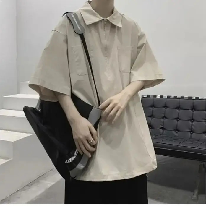 Japanese Half - Zipper Polo Shirt Mens Summer Lapel Short Sleeve t-shirt Trendy Loose Peplum Shirt Outdoor 240824