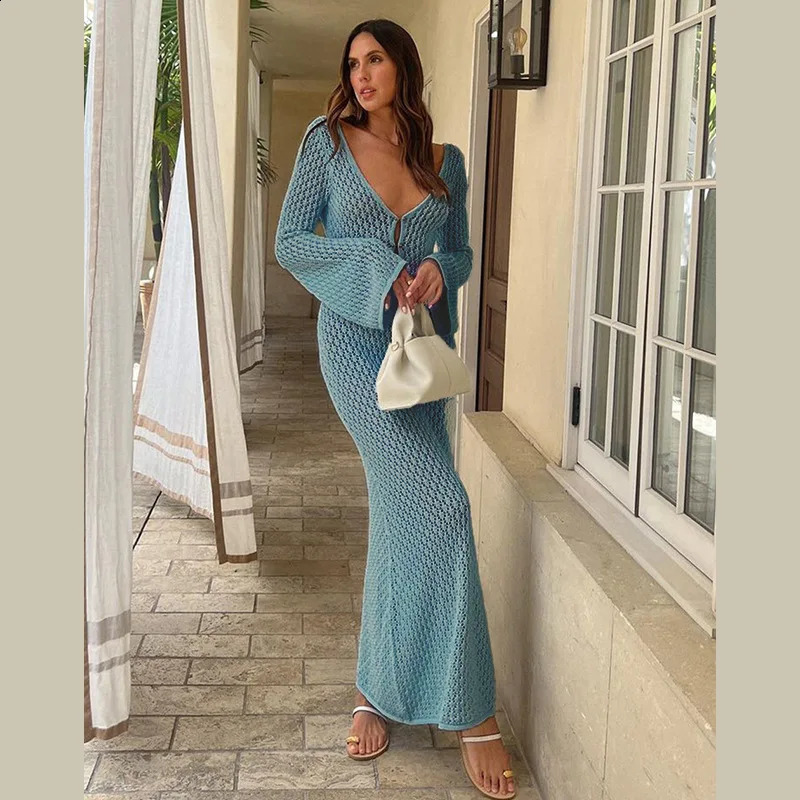 Womens Knitted Beach Dress Summer Autumn Vneck Long Sleeve Elegant Hollow Bikini Top 240826