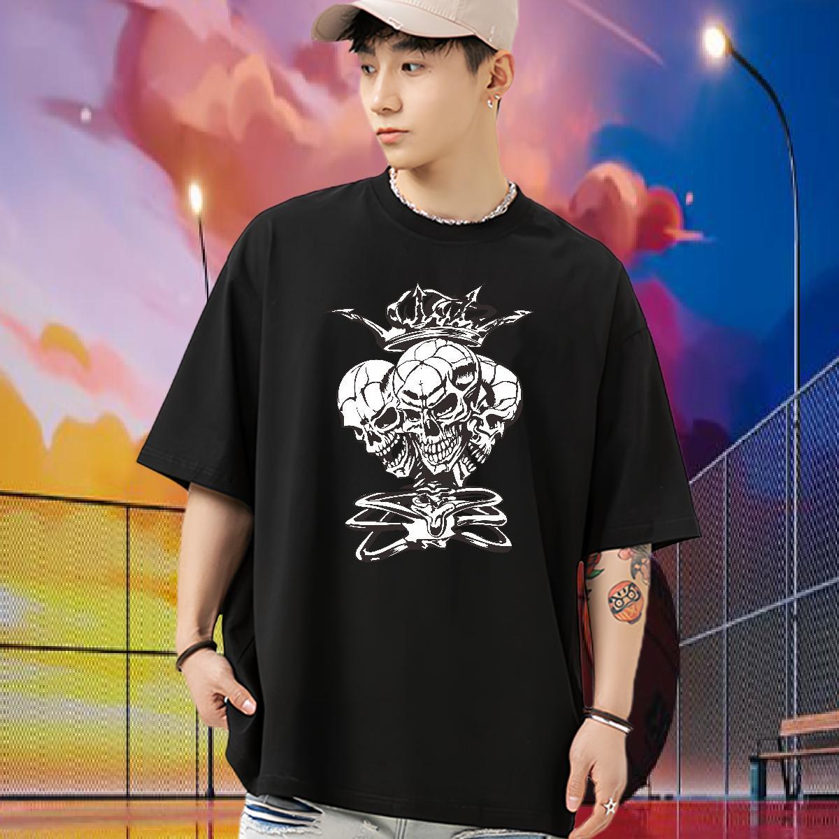 Designer Men T Shirts 100% Cotton 230g skull Street Skull O Neck Short Sleeves Men Tops Tees Classic Casual Tees Shirts